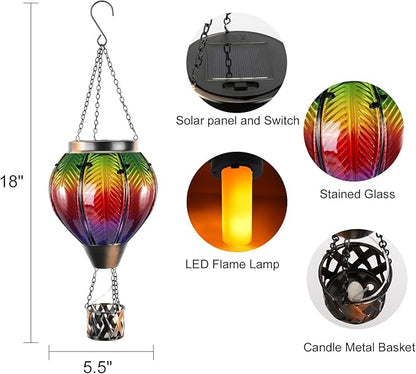 Hot Air Balloon Solar Lantern with Candle Holder Glass Solar Hot Air Balloon Lantern with Flame Solar Hanging Hot Air Balloons Decor for Trees Patio Garden Yard Porch Decor, Multi-Color