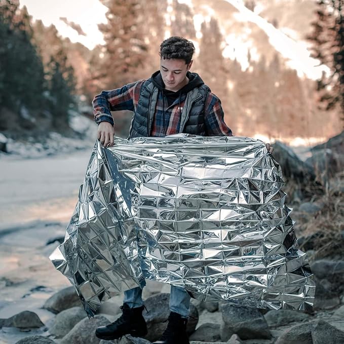 Emergency Blanket Survival Gear | Foil Mylar Thermal Blankets 63" x 87" inches (Pack of 10) | Big Double Sided Escape Tact Bivvy, | for NASA, Outdoors, Hiking, Space, Marathons First Aid Kit