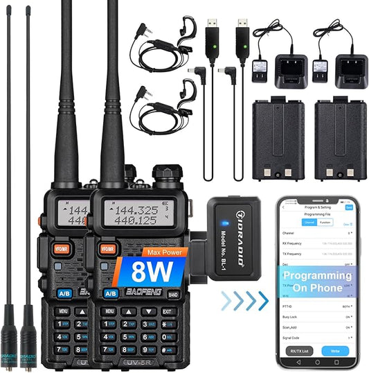 BaoFeng UV-5R 8W High Power Ham Radio with Wireless Programmer,USB Charging Dual Band Long Range Two Way Radio Walkie Talkie Ham Radio Handheld