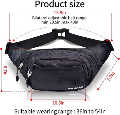 Fanny Pack for Women & Men, 5-Zipper Pockets Water Resistant Practical Waist Bag, for Outdoor Running Cycling Sports Travel Hiking Fishing Fashion Camo Black Belt Bags