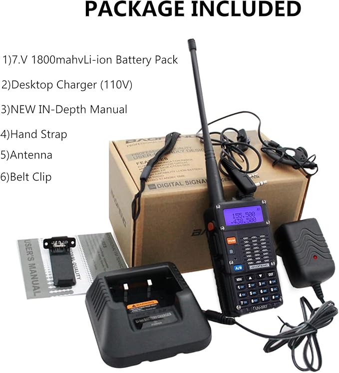 BAOFENG UV-5RT Walkie Talkies Dual-Band Display, Dual-Standby, 5W Output Power, 128 Channels, FM Radio, LED Flashlight, Large LCD Display UV-5RT Portable Two Way Radio with AR-771 Antenna