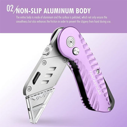 FantastiCAR Folding Utility Knife, Quick Blade Change Box Cutter, Anti-slip Metal Body, with Safety Lock and 5 Extra Blades (Purple)