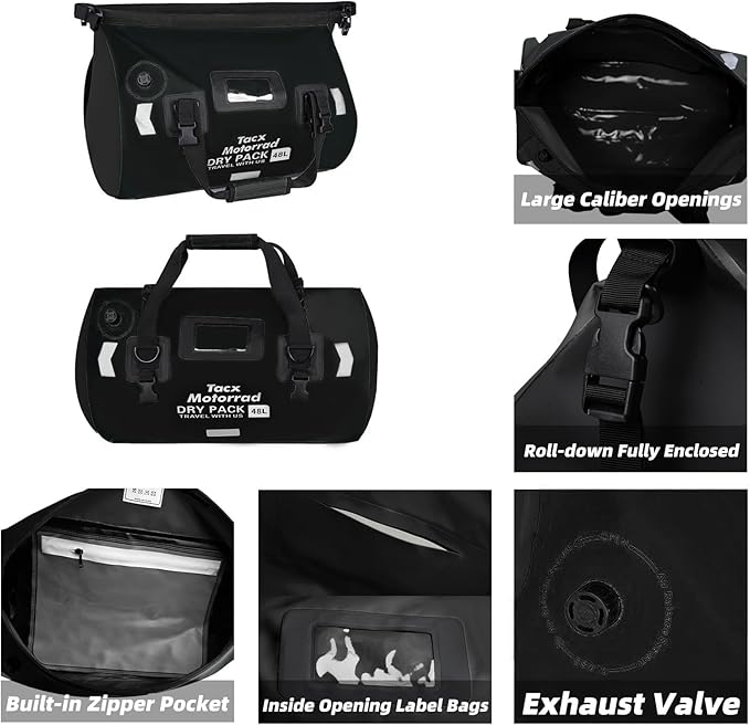 Waterproof Duffel Bag for Men/Women, Roll-top Dry Backpack Duffel Bag with Quick-fixed Straps, Motorcycle Tail Saddle Bag for Motorcycling, Rafting, Boating, Kayaking, Travel, 48L-Black