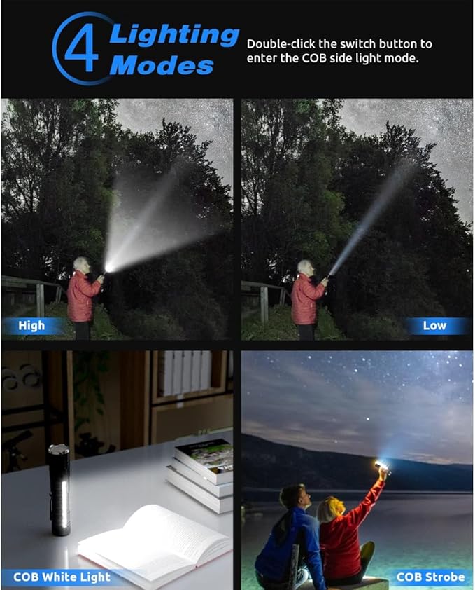 DPZTT Rechargeable Flashlight, Magnetic Led Flashlight, Super Bright Pocket-Sized Work Flashlights with Clip, 4 Modes, Zoomable, Water Resistant for Camping Hiking-Black