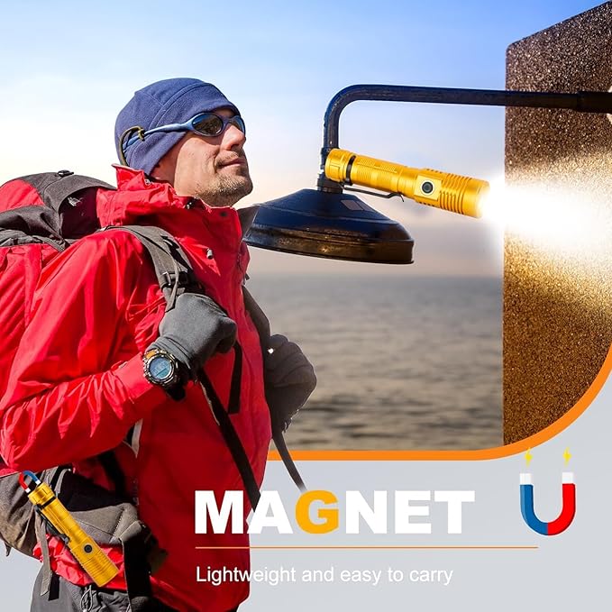 Small Tactical Flashlights 20000 High Lumens - 1500 Meters Long Beam Super Bright LED Magnetic Flashlight USB Rechargeable Zoomable 5Modes Long Beam Spotlight Flashlight for Hiking, Camping-Gold