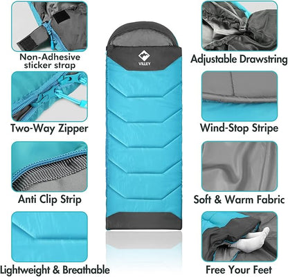 VILLEY Camping Sleeping Bag for Adults Boys and Girls, Lightweight Compact Backpacking Sleeping Bag for Outdoor, Traveling, Hiking