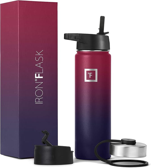 IRON °FLASK Camping & Hiking Hydration Flask, Wide Mouth, 3 Straw Lids, Stainless Steel Outdoor Water Bottle, Double Walled, Insulated Thermos, Metal Canteen - Dark Rainbow, 22 Oz