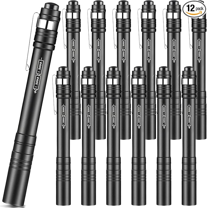 12 Pack LED Penlight Bulk, Pocket Flashlight with Clip, Aluminum Pen Flashlights Mini Pen Light for Nurses Hospital Outdoor Camping Emergency Hiking (Black)