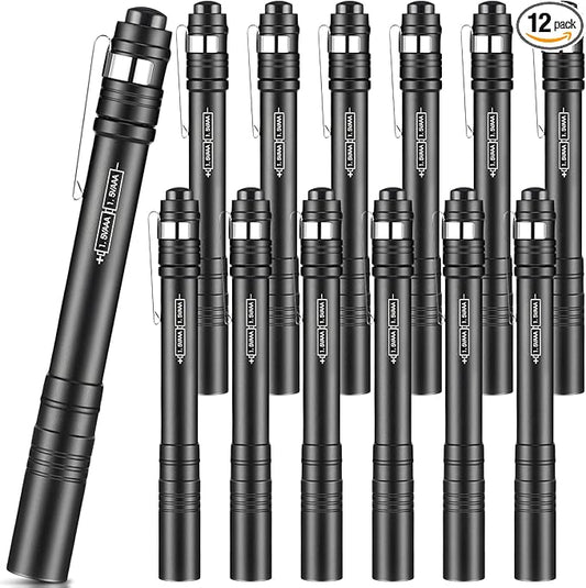 12 Pack LED Penlight Bulk, Pocket Flashlight with Clip, Aluminum Pen Flashlights Mini Pen Light for Nurses Hospital Outdoor Camping Emergency Hiking (Black)
