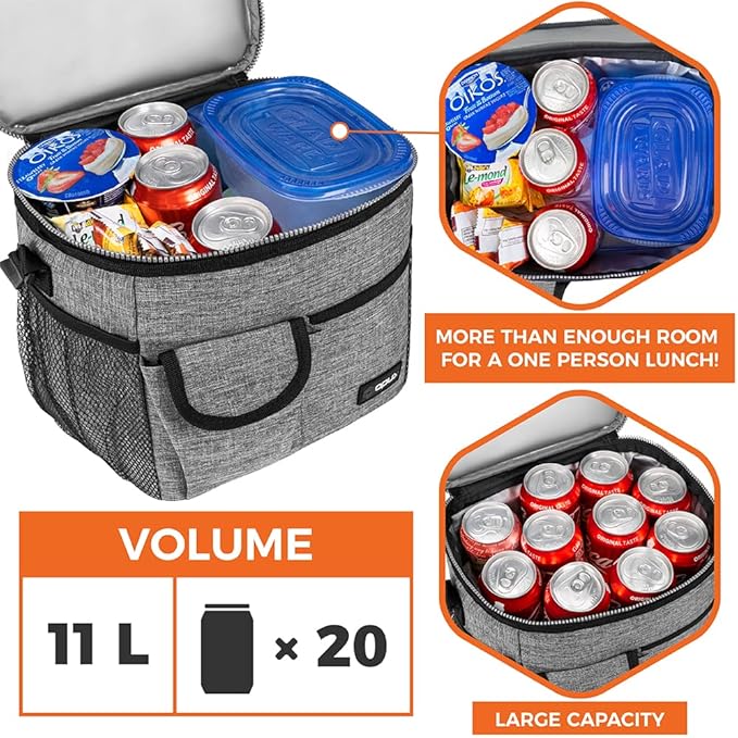 opux Insulated Lunch Bag for Men Women, Leakproof Heather Gray Lunch Box for Work, Portable Soft Lunch Cooler Bag with Shoulder Strap, Adult Lunchbox Lunch Pail for Kid Boy Girl School, 18 Can/10L