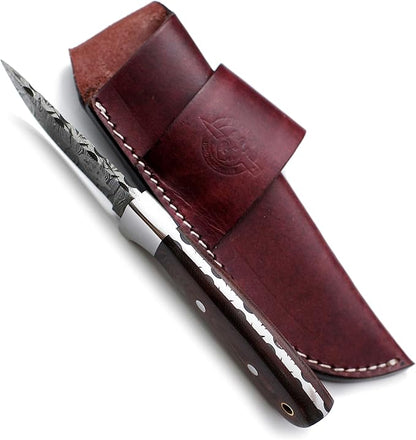Handmade Damascus Steel Knife Bowie for Hunting,Survival Camping,Bushcraft,and Fishing,Fixed Blade Dagger with Drop point Full Tang Micarta Handle, Leather Sheath - WKD-807