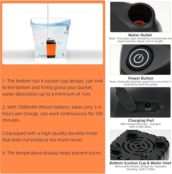 Outdoor Camping Shower, 7800mAh Outdoor Camp Shower Pump, Rechargeable Electric Shower Pump with Intelligent Digital Display, Powered by Rechargeable Battery for Camping, Hiking, Traveling, Orange