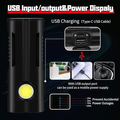 Flashlight Rechargeable High Bright 1000 Lumen with COB Work Light Magnetic Base and Pocket Clip IPX4 Waterproof for Car Repairing Camping Hiking Emergency