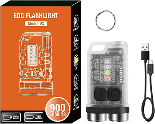 Mini Flashlight Keychain EDC Flashlight Rechargeable Magnet LED Bright 900LM Red UV Blue Light,IP65 Waterproof and 12 Light Modes Pocket Flashlight for Adventure Camping White