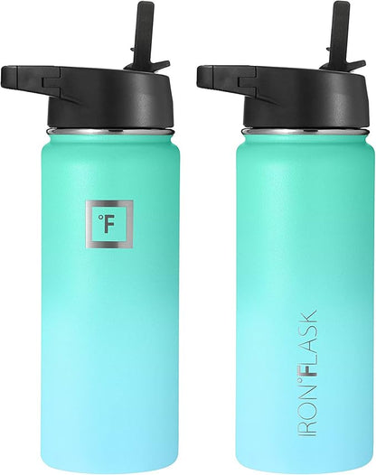 IRON °FLASK Camping & Hiking Hydration Flask, Wide Mouth, 3 Straw Lids, Stainless Steel Outdoor Water Bottle, Double Walled, Insulated Thermos, Metal Canteen - Sky, 18 Oz