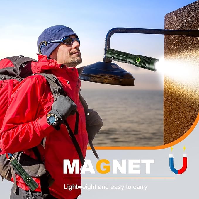Small Tactical Flashlights 20000 High Lumens - 1500 Meters Long Beam Super Bright LED Magnetic Flashlight USB Rechargeable Zoomable 5Modes Long Beam Spotlight Flashlight for Hiking, Camping-dark Green