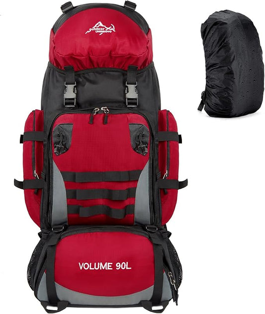 90L Large Camping Hiking Backpack with Rain Cover, Waterproof Molle Rucksack Military Backpack (Red)