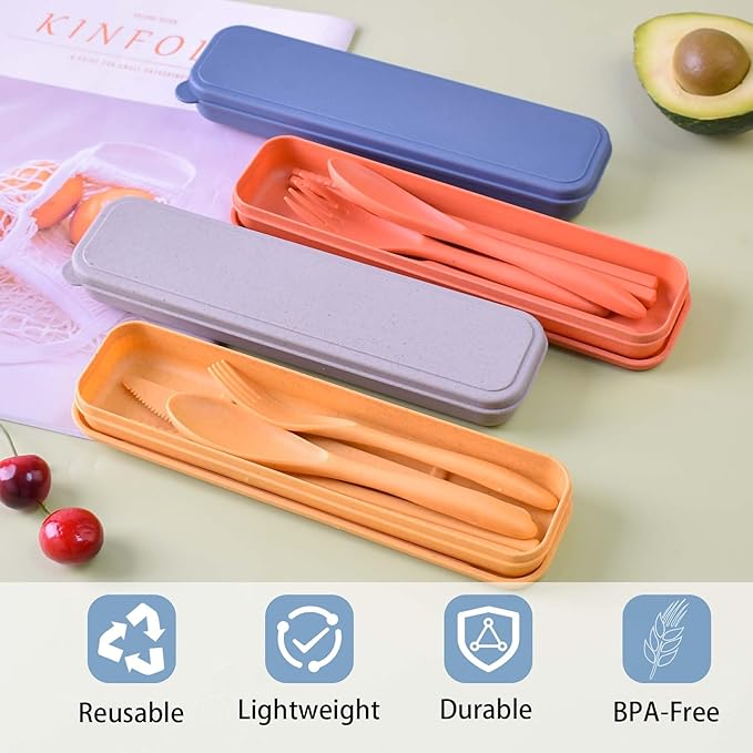 Travel Utensils with Case, Portable Wheat Straw Cutlery Set, Spoon Knife Fork Chopsticks Reusable Utensils for Travel Work Picnic Camping or Daily Use (7)