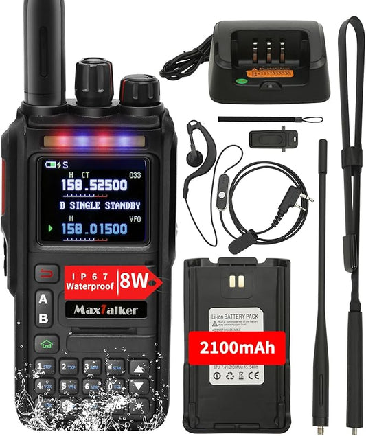 Ham Radio Handheld GMRS Radio: MaxTalker TK-W60 Waterproof Ham Radios Long Range 8W with Tactical Antenna, Two Way Radio Rechargeable Walkie Talkies with Earpiece, Multi-Band VHF UHF Radio for Camping