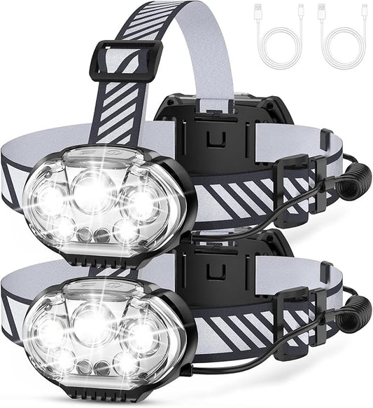 Rechargeable Headlamp, 20000 High Lumen 5 LED Head Lamp with Red White Light,IPX4 Waterproof Headlight,8 Mode Head Flashlight for Outdoor Running Hunting Fishing Hiking Camping Gear-2Pack