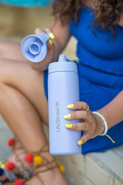 LifeStraw Go Series – Double Wall BPA-Free Vacuum Insulated 18 oz Stainless Steel Water Filter Bottle for travel and everyday use; Provence Purple