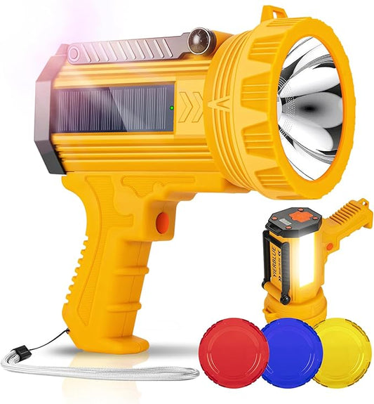 YIERBLUE Solar & Rechargeable Spotlight Flashlight, 1000,000 High Lumen Outdoor Handheld Spot Lights with Flood Light Searchlight, Foldable Stand and 3 Colors Lenses for Boating Hunting and Camping