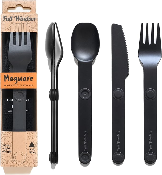 MAGWARE Magnetic Camping Utensil Set - Metal Travel Silverware Set with Case, Portable Silverware and Kids Lunch Box Utensils Set, Outdoor Backpacking Cutlery Set, Reusable Knife, Fork & Spoon (3 PCS)