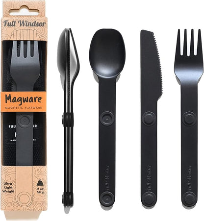 MAGWARE Magnetic Camping Utensil Set - Metal Travel Silverware Set with Case, Portable Silverware and Kids Lunch Box Utensils Set, Outdoor Backpacking Cutlery Set, Reusable Knife, Fork & Spoon (3 PCS)