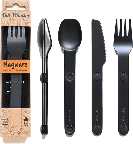 MAGWARE Magnetic Camping Utensil Set - Metal Travel Silverware Set with Case, Portable Silverware and Kids Lunch Box Utensils Set, Outdoor Backpacking Cutlery Set, Reusable Knife, Fork & Spoon (3 PCS)