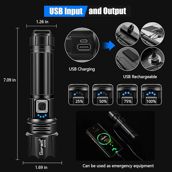 Goreit Flashlight High Lumens Rechargeable, 950000 Lumen Led Flashlights XHP70.2 USB Super Bright Flash Light Battery Powered, Powerful Handheld Flashlights for Emergencies Camping, IP67 Waterproof