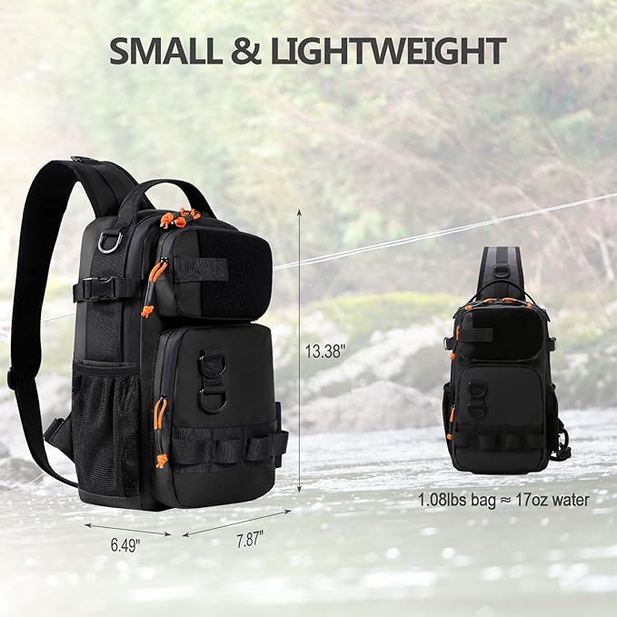 NEW VIEW Fishing Sling Bag, Waterproof Sling Pack with Rod Holder, Versatile Storage Fly Fishing Bags for Men, Small Shoulder Pack for Streams & Rivers
