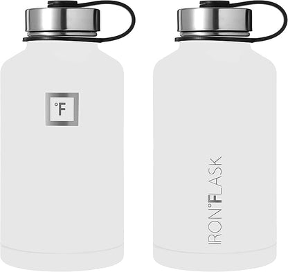 IRON °FLASK Camping & Hiking Hydration Flask, Wide Mouth, 3 Straw Lids, Stainless Steel Outdoor Water Bottle, Double Walled, Insulated Thermos, Metal Canteen - Winter White, 64 Oz