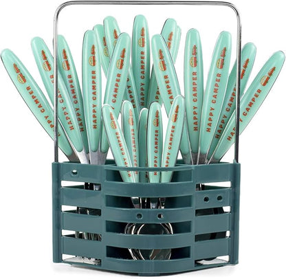 Silverware Flatware Cutlery Set - Stainless Steel 24 Pc Flatware Set With Silverware Caddy Service for 6 | Dishwasher Safe Camping Set Flatware for Travel, Small Spaces and Outdoor Use