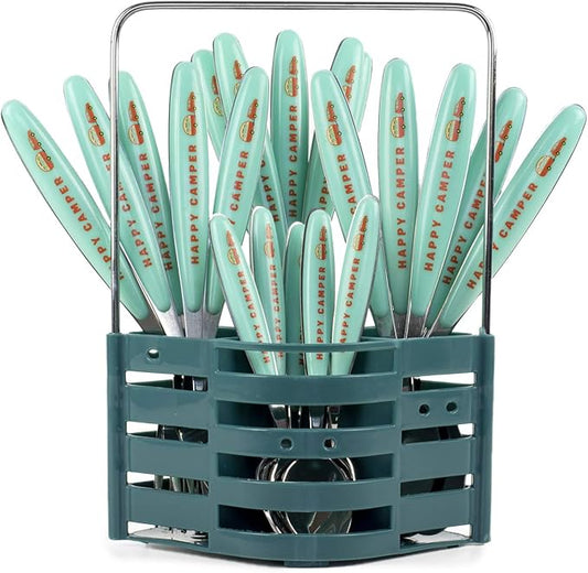 Silverware Flatware Cutlery Set - Stainless Steel 24 Pc Flatware Set With Silverware Caddy Service for 6 | Dishwasher Safe Camping Set Flatware for Travel, Small Spaces and Outdoor Use