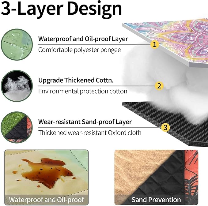 Picnic Blankets Waterproof Sandproof 60x80 Outdoor Portable Lightweight Extra Large Family Beach Blanket Camp Mat for Travel Foldable Outside Lawn Camping Essentials Mats for Grass