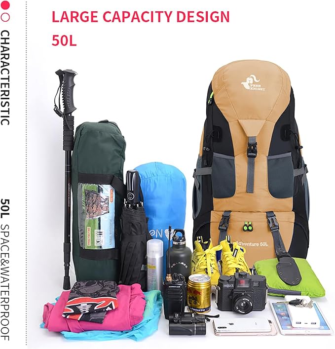 Bseash 50L Hiking Backpack, Water Resistant Lightweight Outdoor Sport Daypack Travel Bag for Camping Climbing Touring (Gold - With Shoe Compartment)