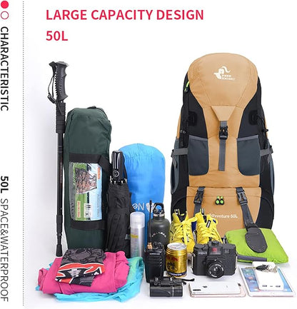 Bseash 50L Hiking Backpack, Water Resistant Lightweight Outdoor Sport Daypack Travel Bag for Camping Climbing Touring (Gold - With Shoe Compartment)