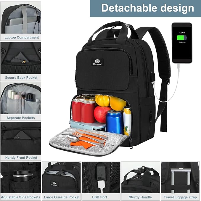 Lunch Backpack for Women Men, Insulated Cooler Lunch Box Backpack, 15.6-inch Laptop Backpacks with USB Port, Water Resistant Leak-proof Lunch Bag for College (Black)