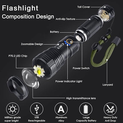 BengMxj Rechargeable LED Flashlights, 990000 High Lumens Flashlight, XHP70 Tactical Flashlight with Zoomable, 5 Modes, Super Bright Waterproof Flashlights for Emergencies, Camping, Hiking, Home