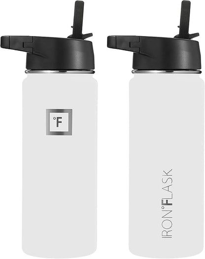 IRON °FLASK Camping & Hiking Hydration Flask, Wide Mouth, 3 Straw Lids, Stainless Steel Outdoor Water Bottle, Double Walled, Insulated Thermos, Metal Canteen - Winter White, 18 Oz