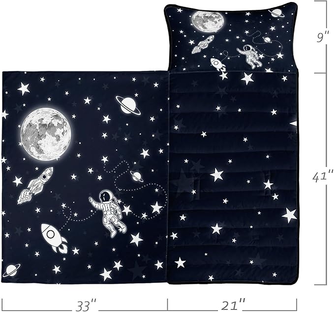 Space Nap Mat - Space Ship Galaxy Sleeping Bag with Removable Pillow - Daycare and Sleepovers Preschool Kindergarten Bedding Set for Kids Toddler Boys Girls