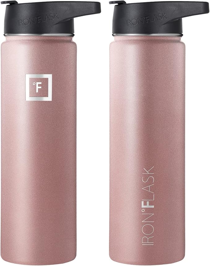 IRON °FLASK Camping & Hiking Hydration Flask, Wide Mouth, 3 Straw Lids, Stainless Steel Outdoor Water Bottle, Double Walled, Insulated Thermos, Metal Canteen - Rose Gold, 22 Oz