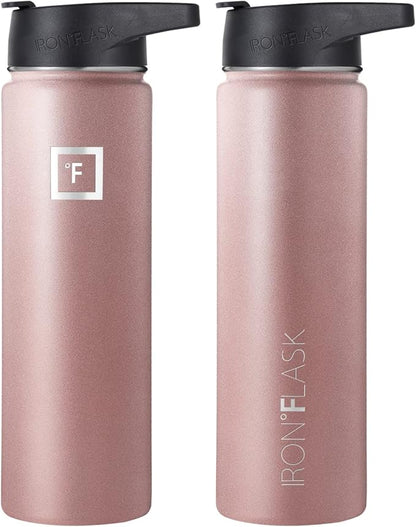 IRON °FLASK Camping & Hiking Hydration Flask, Wide Mouth, 3 Straw Lids, Stainless Steel Outdoor Water Bottle, Double Walled, Insulated Thermos, Metal Canteen - Rose Gold, 22 Oz