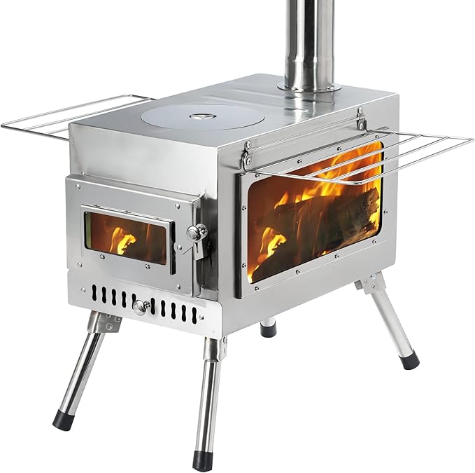 Outdoor Camping Stove Camp Tent Stove, Portable Wood Burning Stove with Chimney Pipe for Tent, Shelter, Camping Heating and Cooking (Pipe Diameter: 2.95")