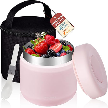 Insulated Food-Jar with Thermal Bag - 12 oz Wide Mouth Leak-Proof Stainless Steel Vacuum Soup Lunch Thermo Bowls w/Folding Spoon for Girl Kids, Hot Food Lunch Container for 8H Hot & 12H Cold