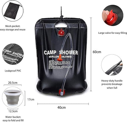 Portable Shower for Camping, Outdoor Camping Shower Bag 5 Gallon/20L, Waterproof Shower Bag with Collapsible Water Bucket, Shower Kit for Hiking, Car Travel, Picnic, Climb, Beach Trips