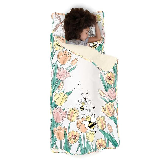 JumpOff Jo - Extra Long Toddler Nap Mat for Preschool, Daycare and Kindergarten - Sleeping Bag for Kids with Removable Pillow and Ultra Soft Blanket - Tulip Fields