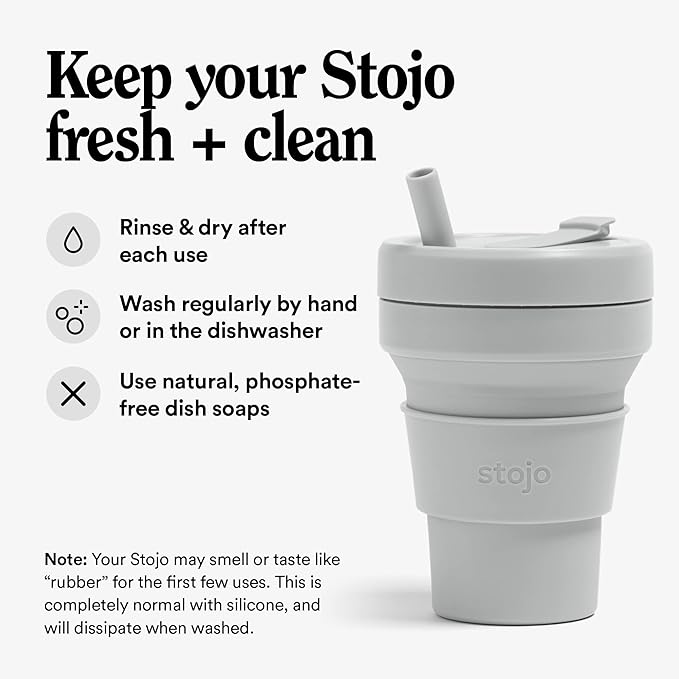 STOJO Collapsible Travel Cup With Straw – Cashmere Gray, 16oz / 470ml - Reusable To-Go Pocket Size Silicone Bottle for Hot and Cold Drinks - Perfect for Camping & Hiking - Microwave & Dishwasher Safe