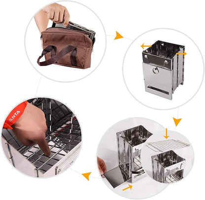 Portable Folding Camping Wood Stove for Outdoor Cooking, Lightweight Stainless Steel Wood Burning Camp Stove with Grill for Backpacking BBQ Picnic, Small