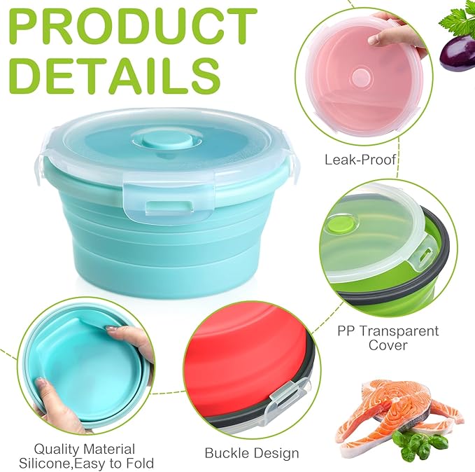 4 Set Camping Bowl with Lid Collapsible Silicone Bowl with Foldable Stainless Steel Fork Salad Bowl Portable Folding Fork Set for Travel Picnic Camping Utensils
